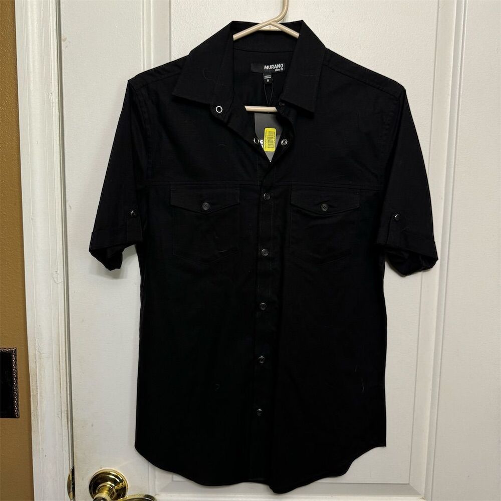 Murano Men's Slim Fit Black Short Sleeve Button-Up Shirt Size S